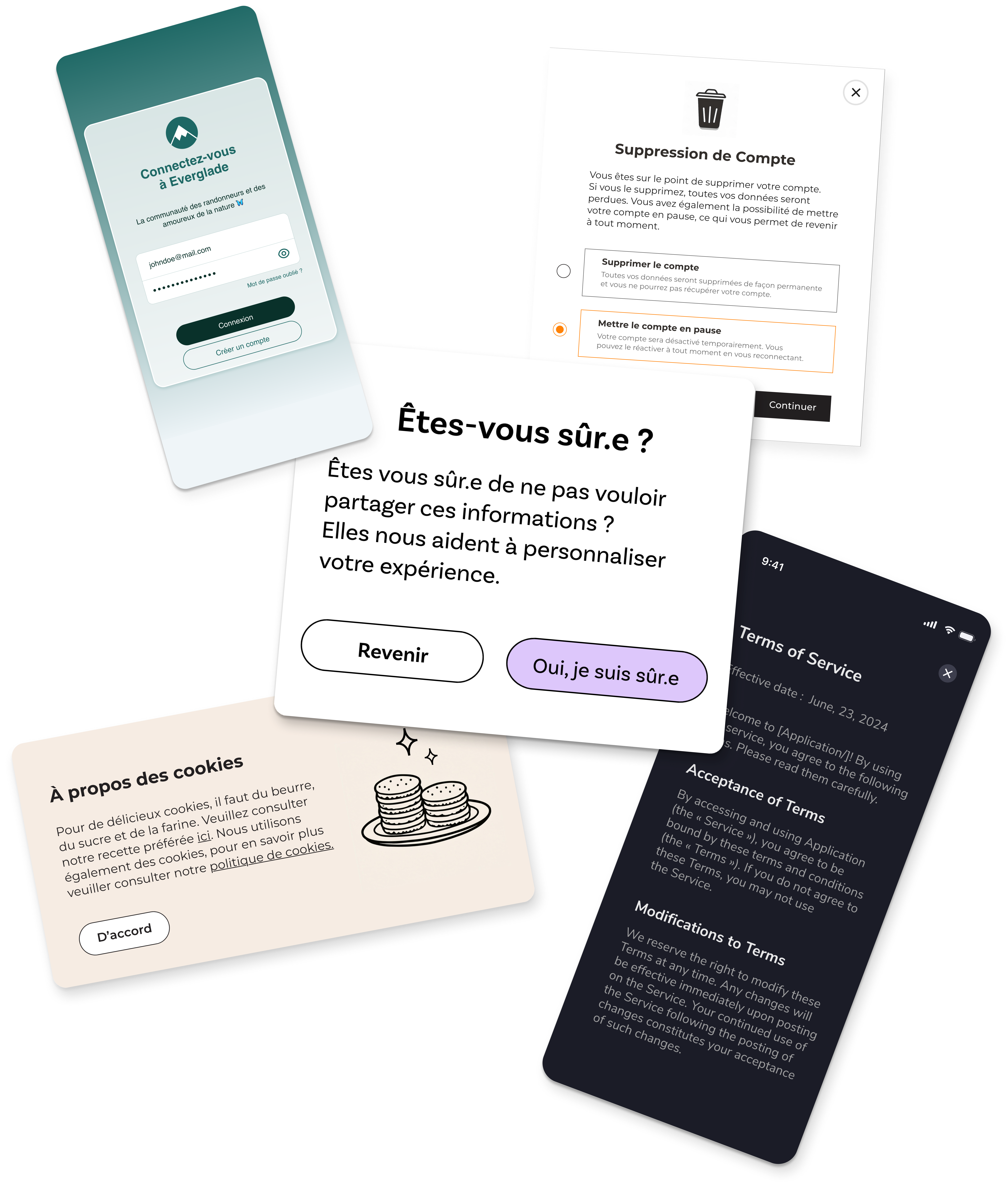 collage de plusieurs interfaces utilisateur représentant des éléments de design relatifs à la vie privée et à l'expérience utilisateur