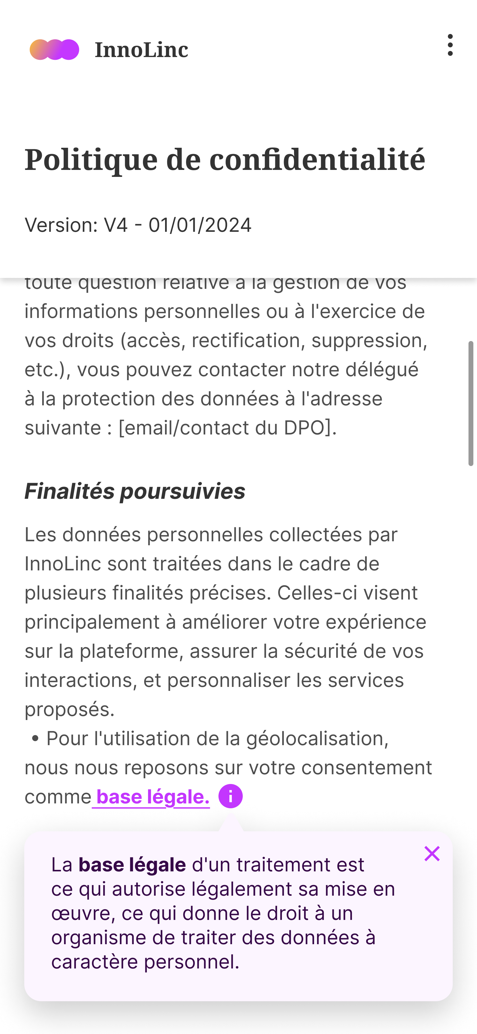 Capture d’écran de la politique de confidentialité dun service appelé InnoLinc. Le texte explique que les données personnelles sont collectées pour améliorer l’expérience utilisateur, sécuriser les interactions et personnaliser les services. Il est précisé que la géolocalisation repose sur le consentement de l’utilisateur comme base légale, avec une définition affichée en encadré : 'La base légale d’un traitement est ce qui autorise légalement sa mise en œuvre, ce qui donne le droit à un organisme de traiter des données à caractère personnel.